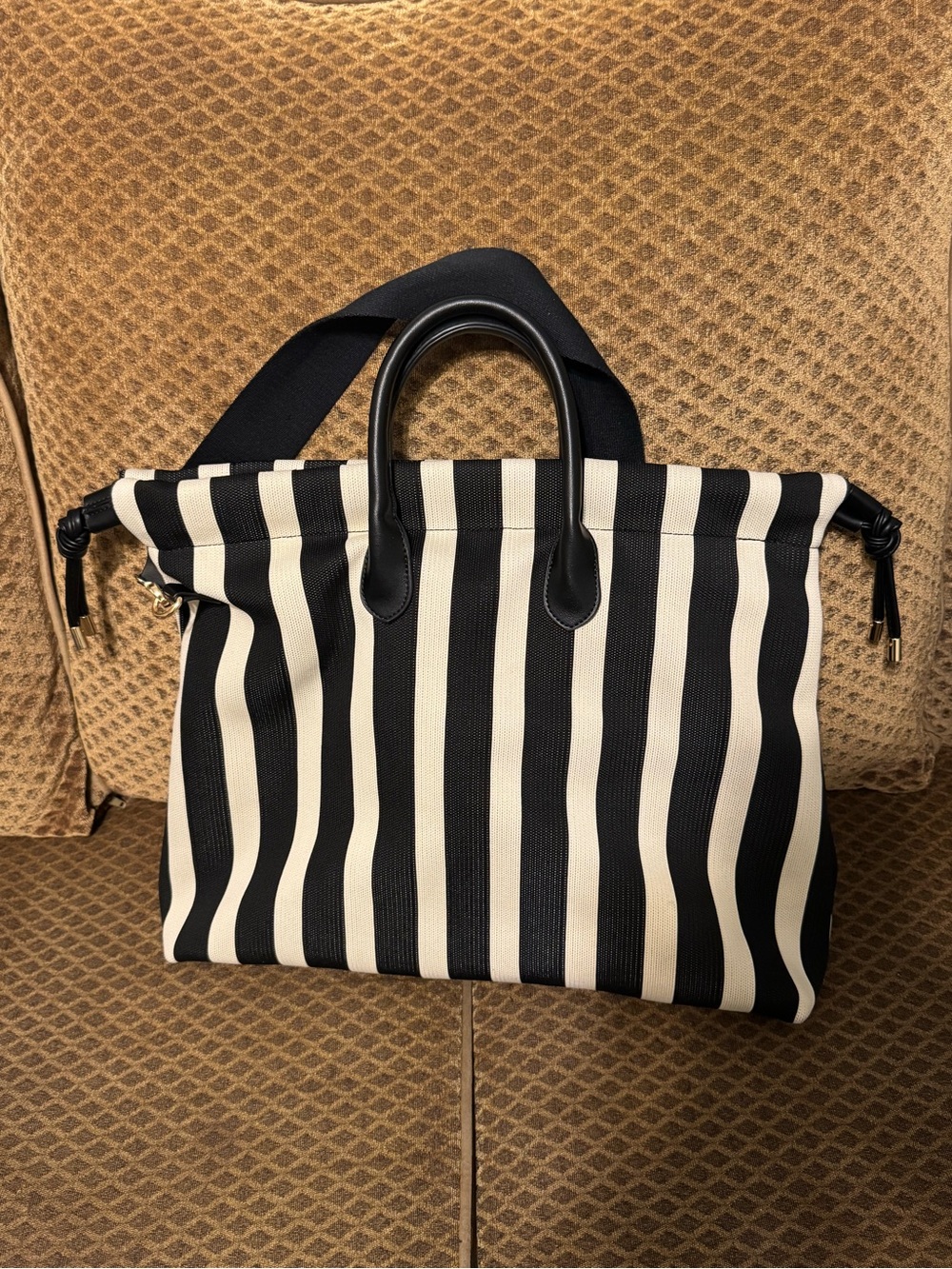 Black and White Striped drawstring Tote Bag